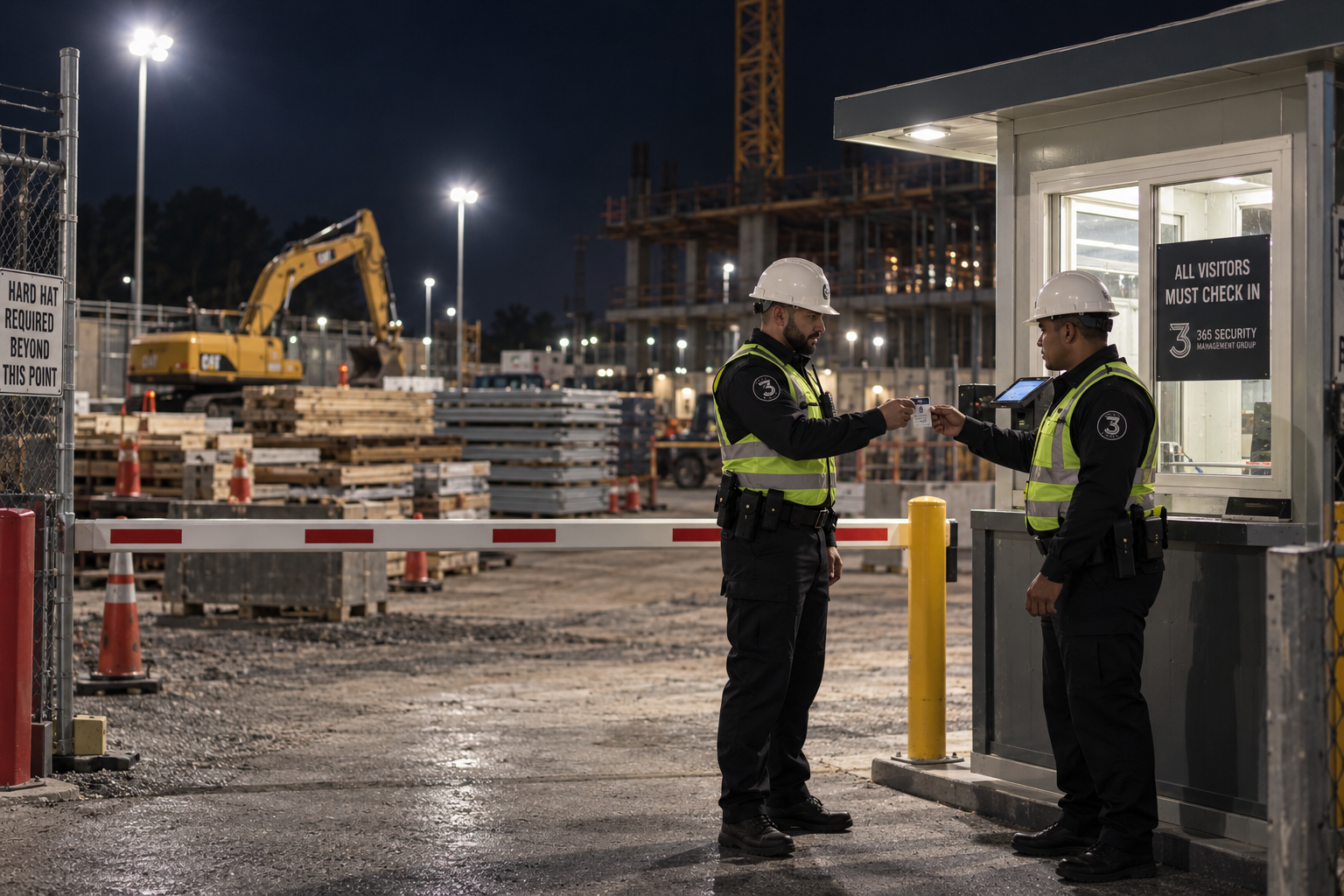 Construction site access gate with security officer verifying contractor credentials at night