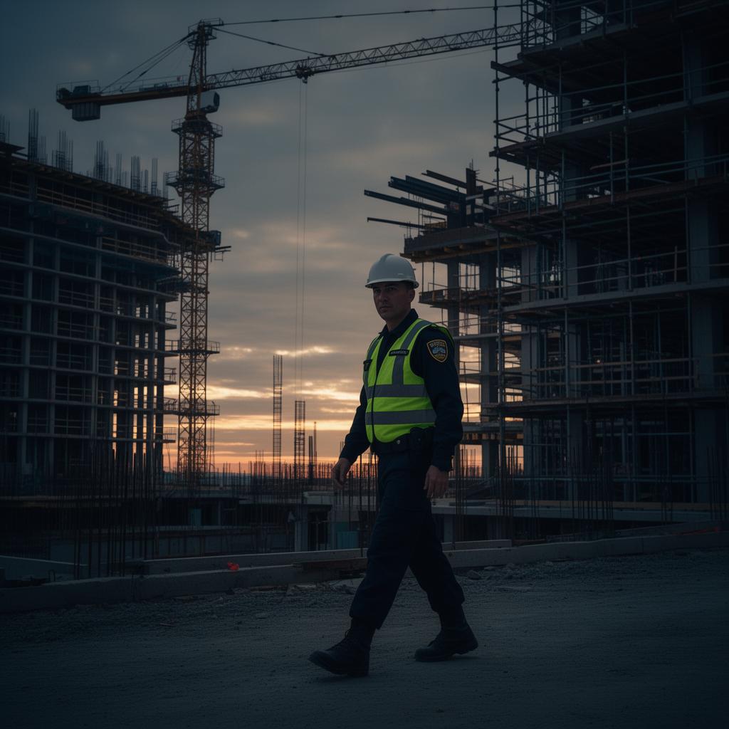 Security officer in reflective vest patrolling the perimeter of a high-rise build at dusk