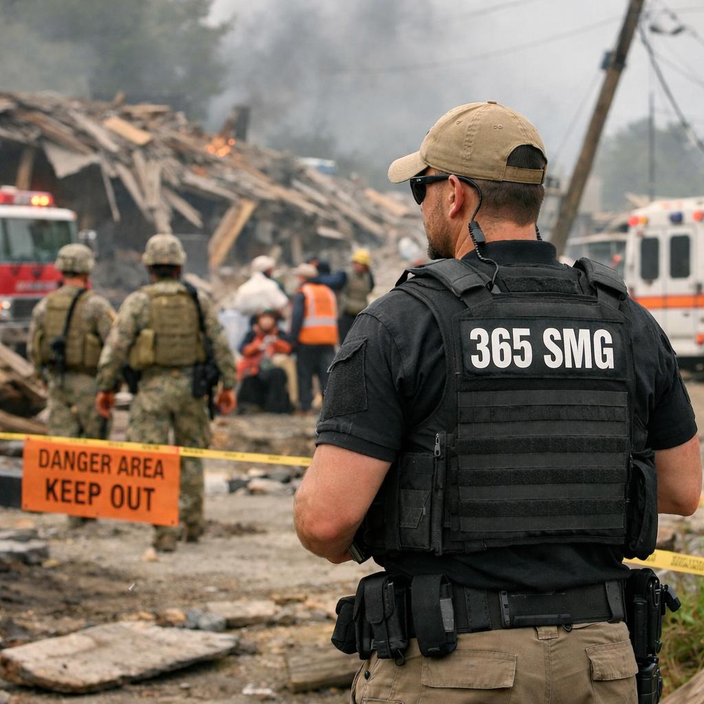 365 SMG officer holding a perimeter at an active disaster site with first responders working in the background