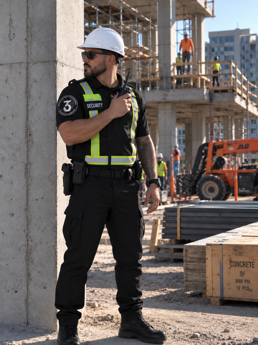Uniformed 365 security officer with radio and duty belt patrolling stairwell