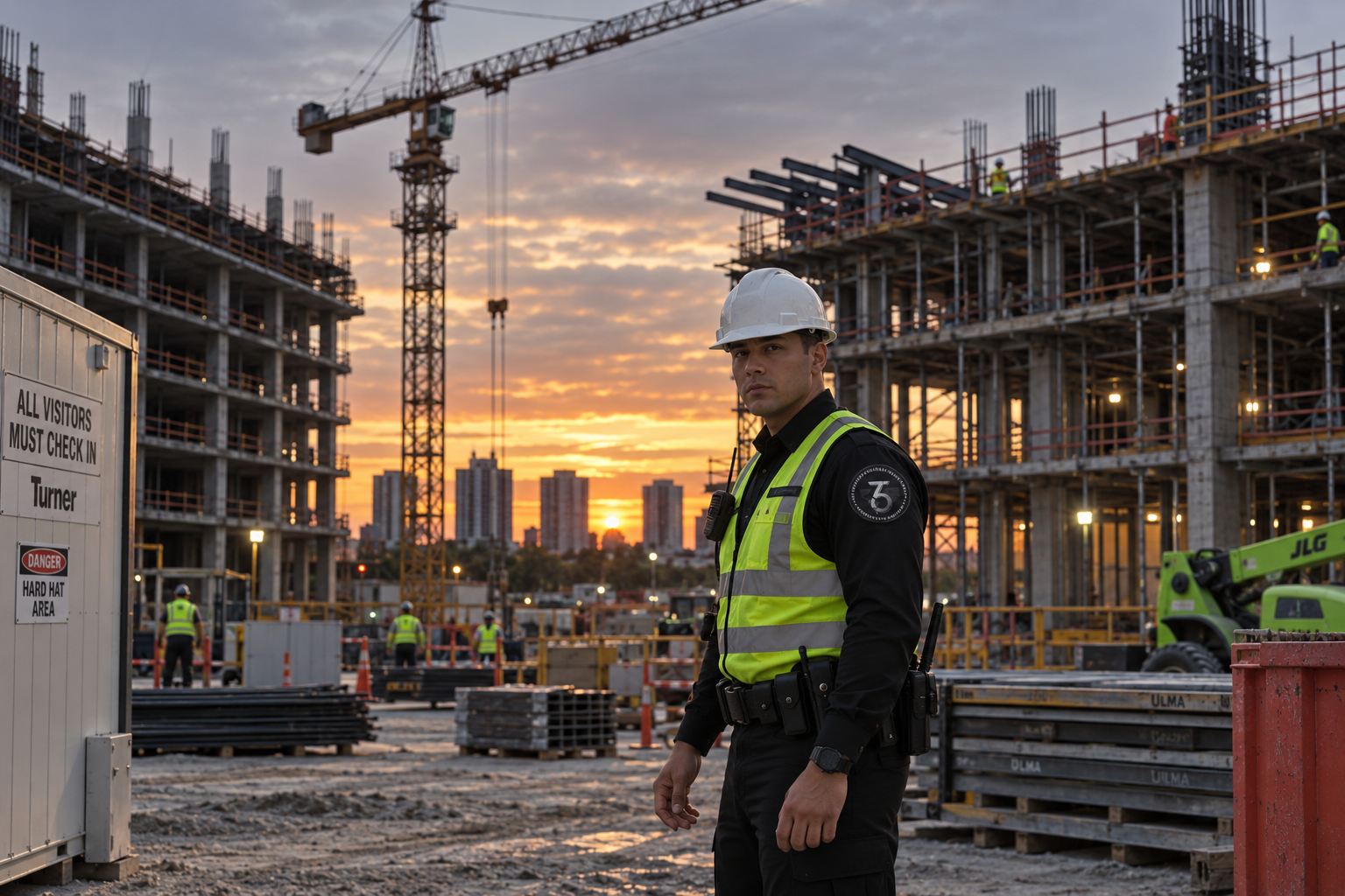 Security officer in reflective vest patrolling the perimeter of a high-rise build at dusk