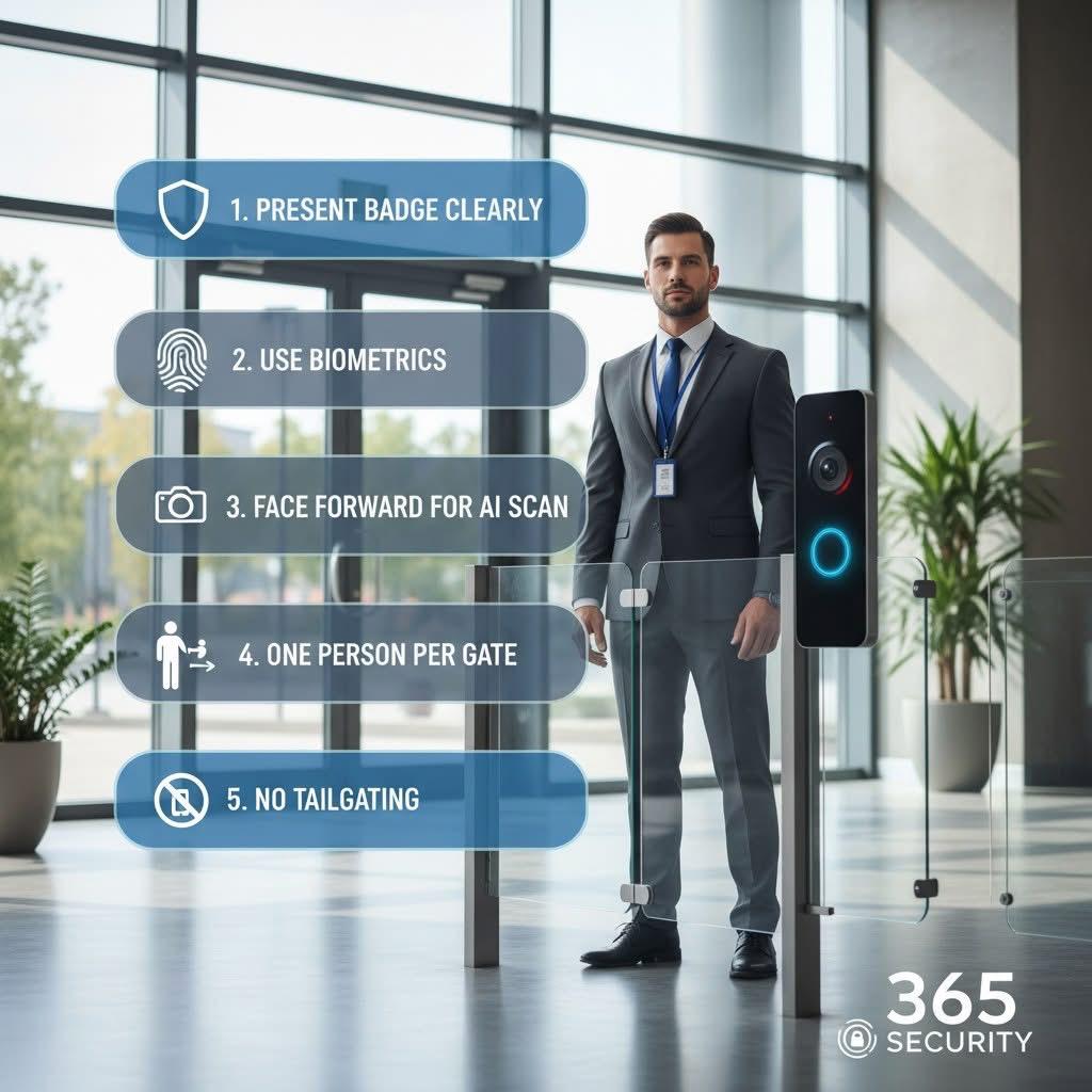 365 Security AI-driven access control protocol with badge, biometrics and facial recognition checkpoint