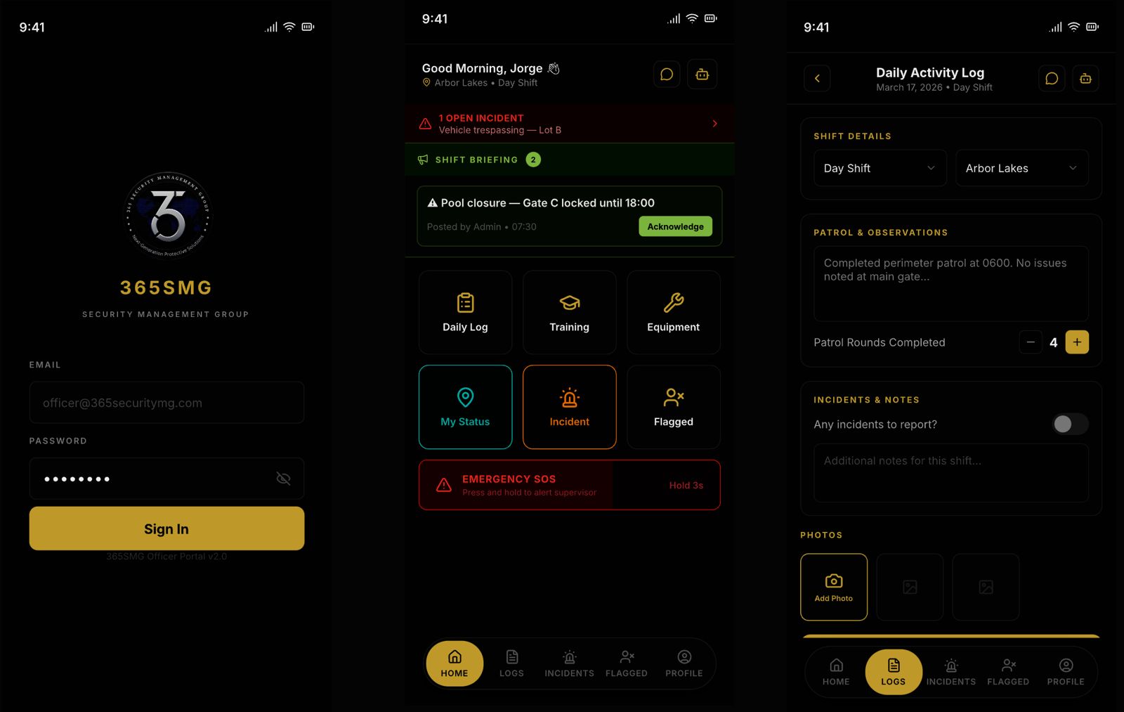 365 SMG mobile officer app showing daily activity log, shift briefing, and incident reporting screens