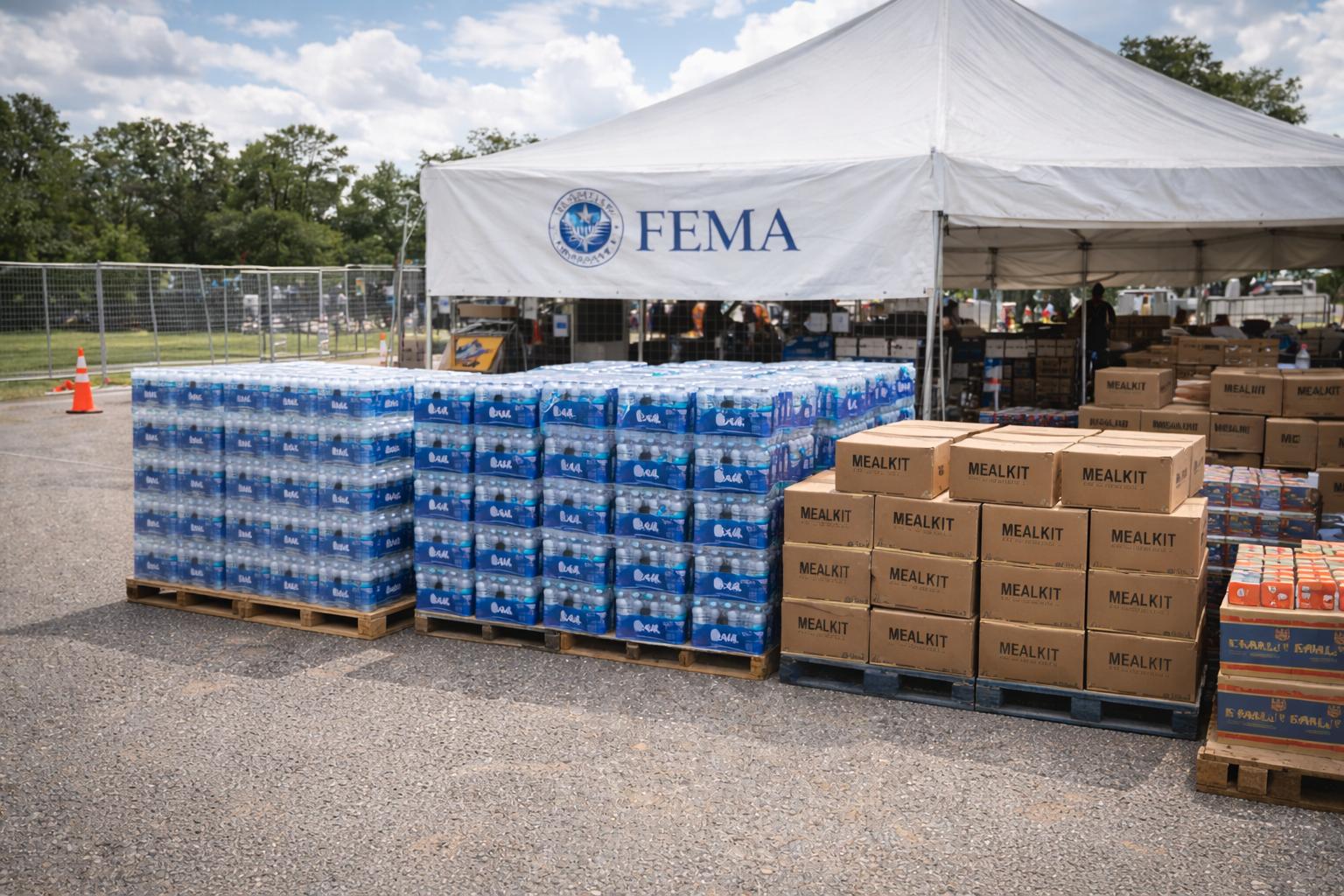 FEMA disaster relief staging area with pallets of water and meal kits secured under tent shelter