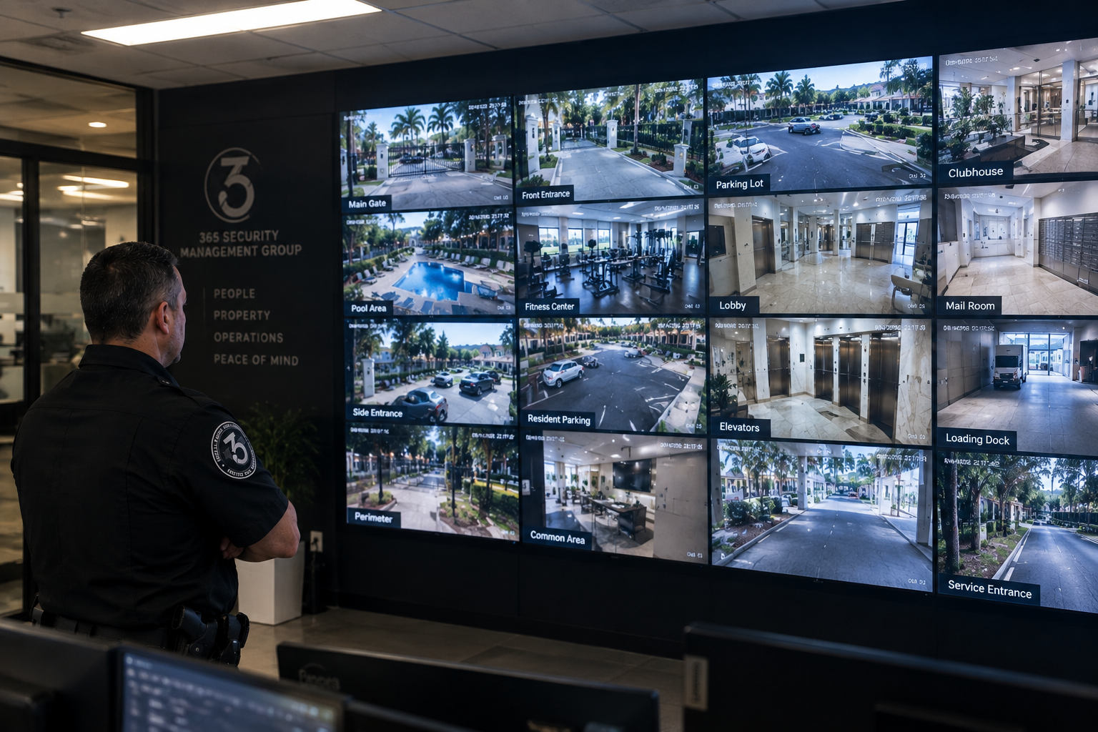 Large-format video wall at the 365 SMG monitoring center showing simultaneous high-resolution camera feeds across multiple client sites