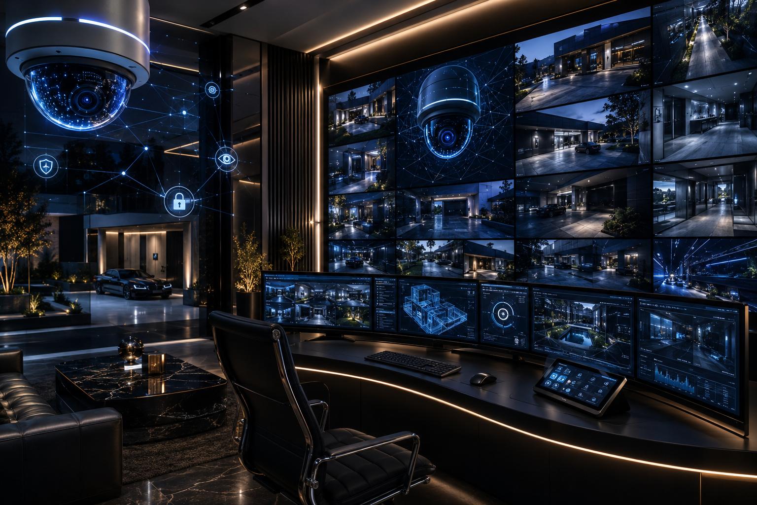 Large-format video wall at the 365 SMG monitoring center showing simultaneous high-resolution camera feeds across multiple client sites