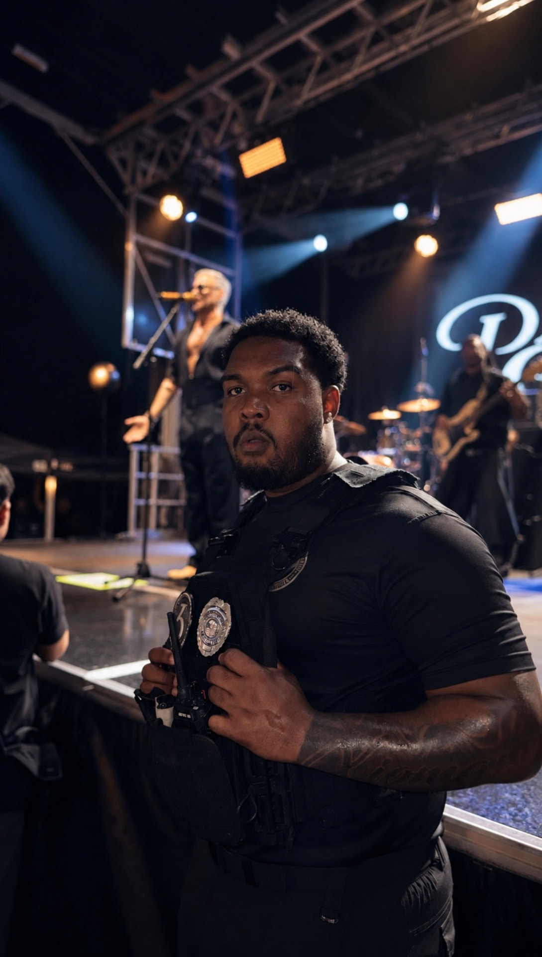365 Security Management officer at the front-of-stage barricade at an outdoor concert