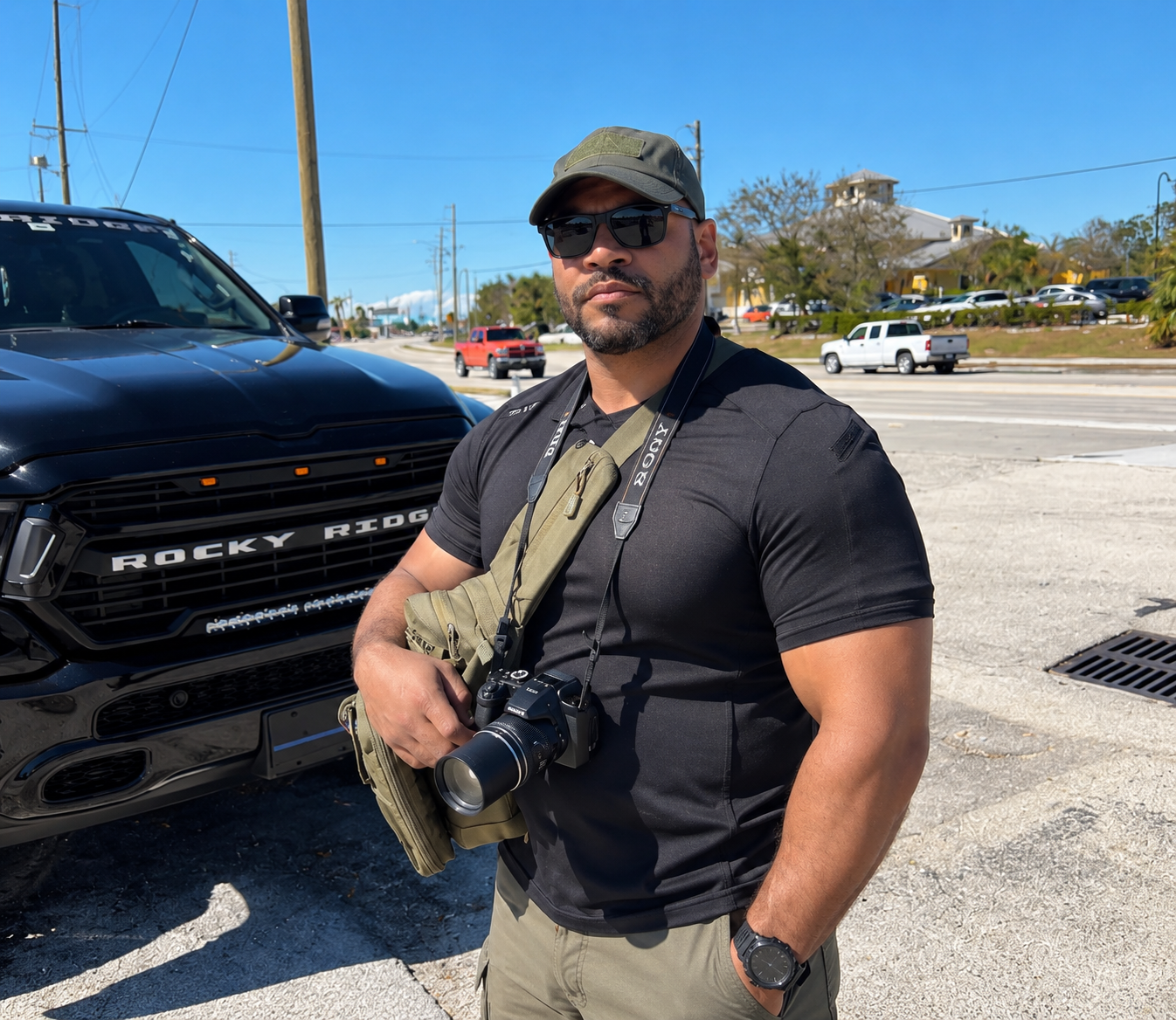 365 SMG field officer with camera and gear standing by a response vehicle in a disaster recovery area