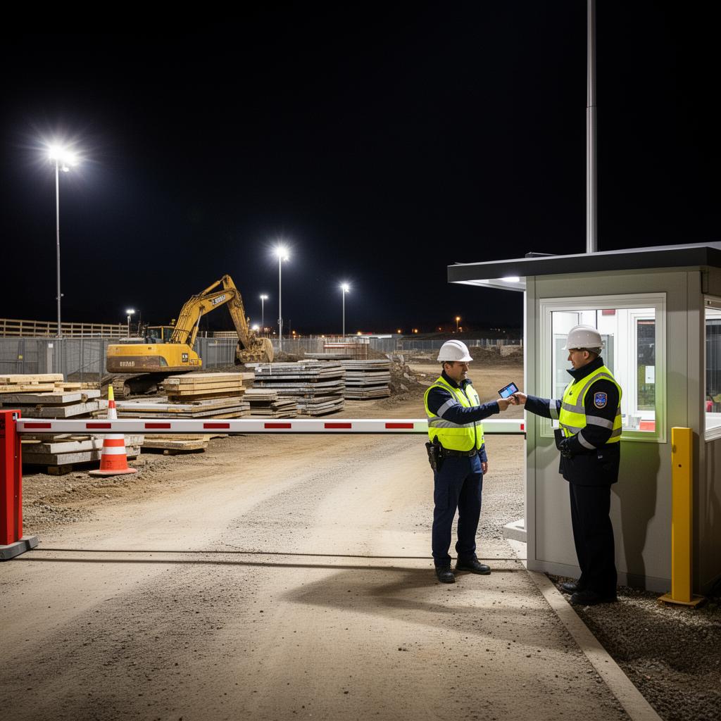 Construction site access gate with security officer verifying contractor credentials at night