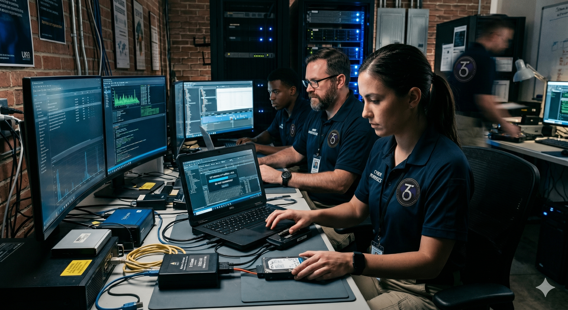 Cyber forensic analyst examining a seized hard drive with blockchain and cryptocurrency tracing on multiple monitors