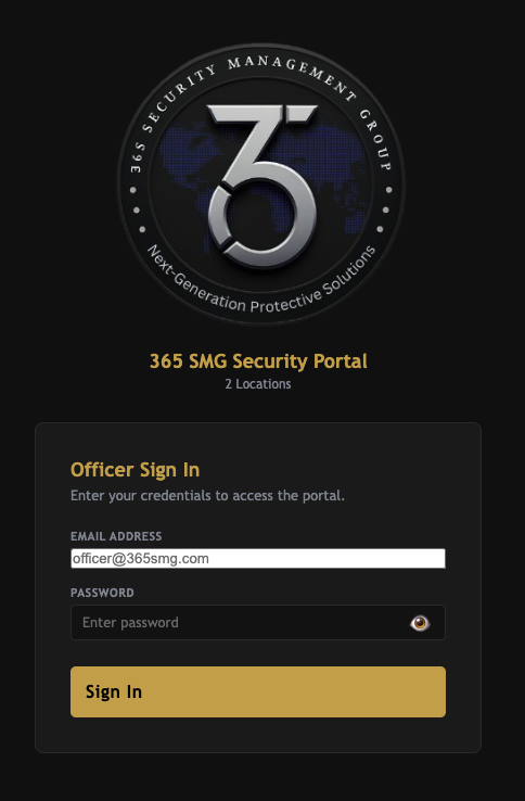 365 SMG Security Portal officer sign-in screen