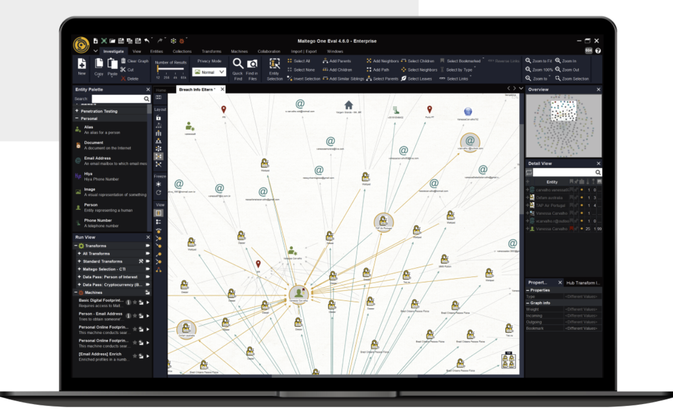 Maltego Graph desktop showing entity link analysis between a phone number and email address used in a threat actor investigation