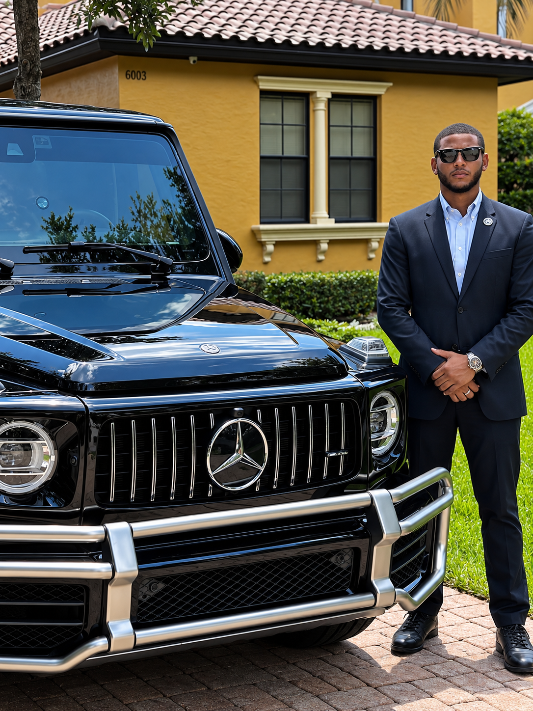 VIP client exiting a black SUV with close-protection officers at a VIP talent entry