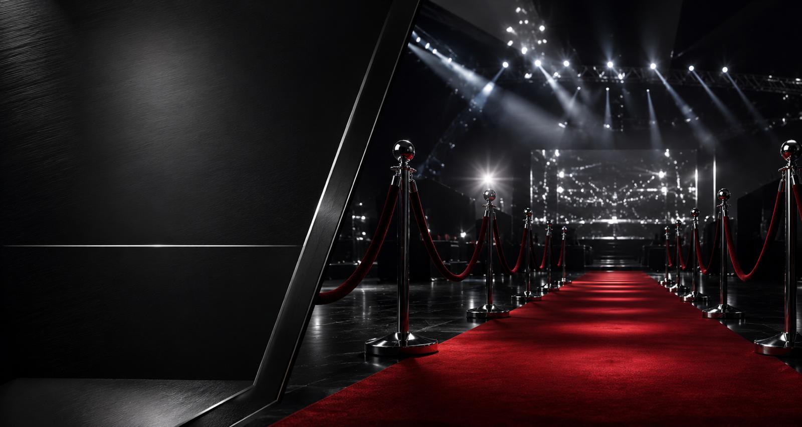 Red carpet entry with stanchions, velvet ropes, and stage lighting
