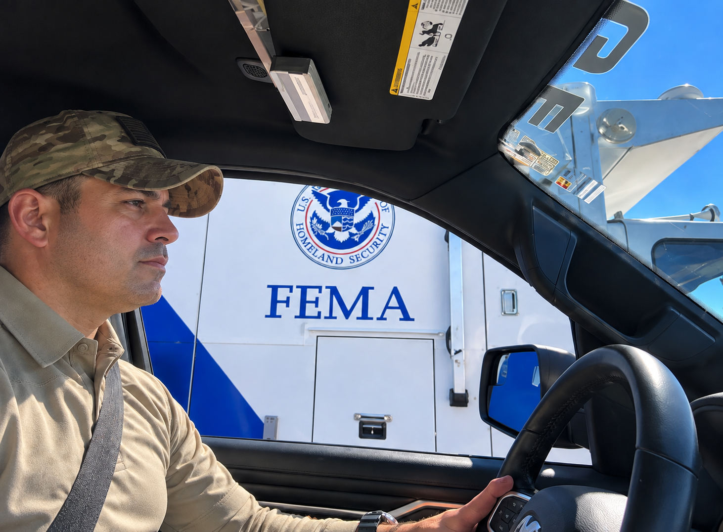 365 SMG officer behind the wheel of a response vehicle with a FEMA Homeland Security staging unit in the background